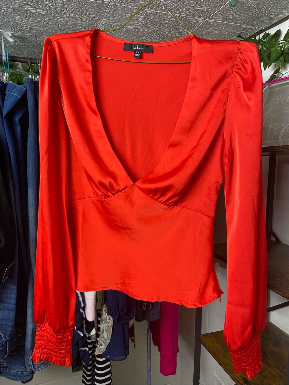 Lulu's Bold Red Satin V-Neck Blouse